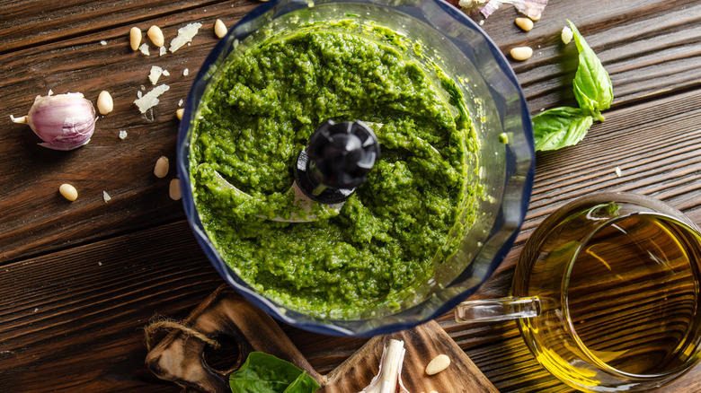 Pesto blended in a food processor