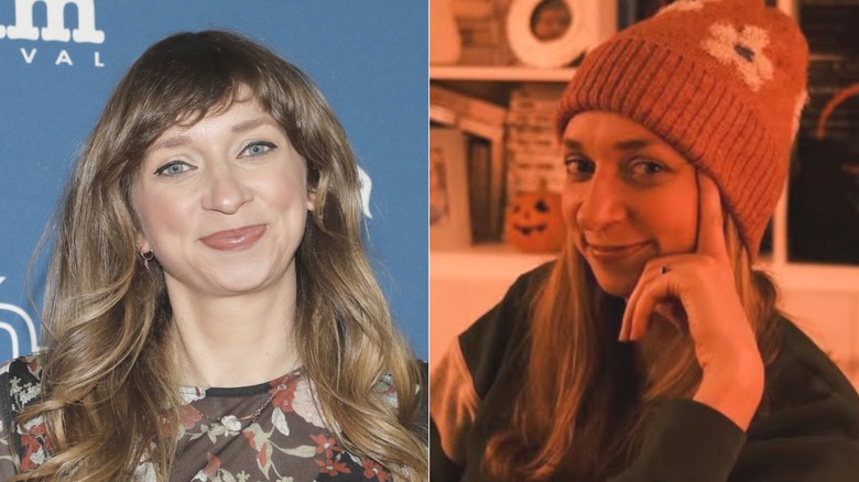 Side-by-side of Lauren Lapkus with makeup and without makeup