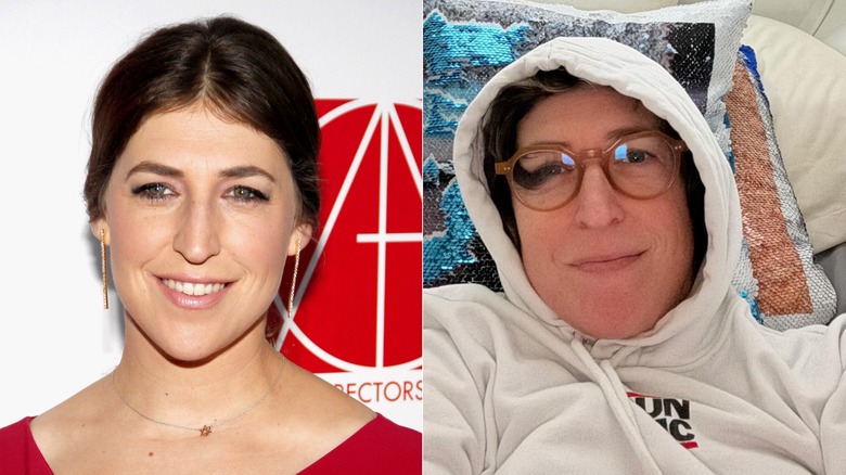 Side-by-side of Mayim Bialik with makeup and without makeup