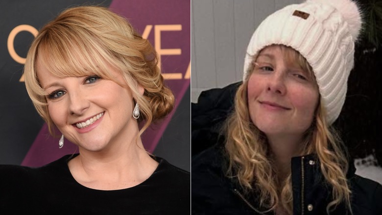 Side-by-side of Melissa Rauch with makeup and without makeup