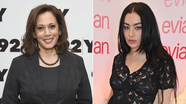 A split image of Kamala Harris and Charli XCX