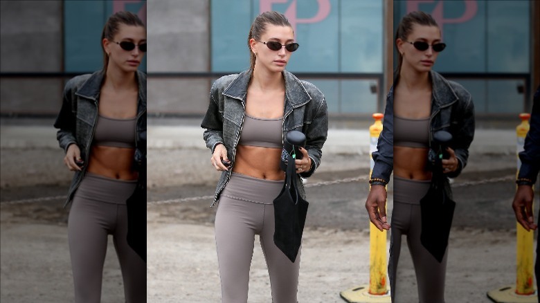 Hailey Bieber in a sports bra