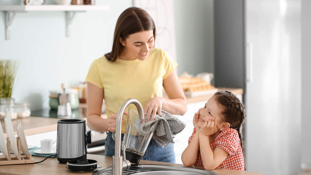 Family cleaning their blender