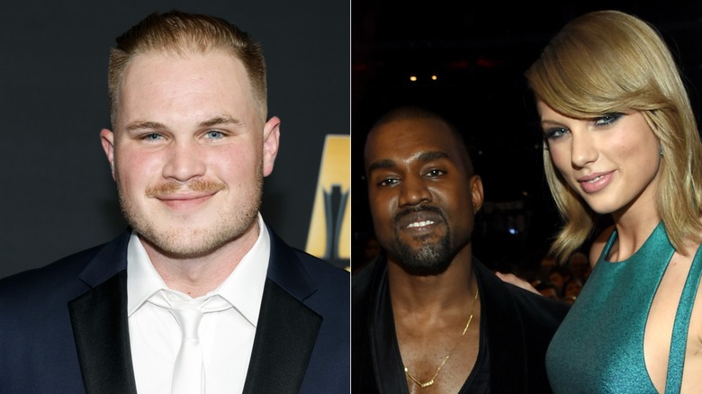 Zach Bryan, Kanye West, Taylor Swift smiling split image