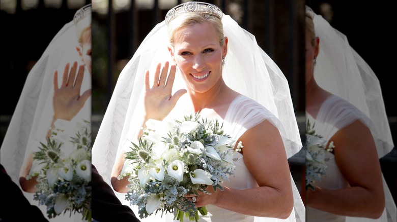 Zara Tindall waving in wedding dress 